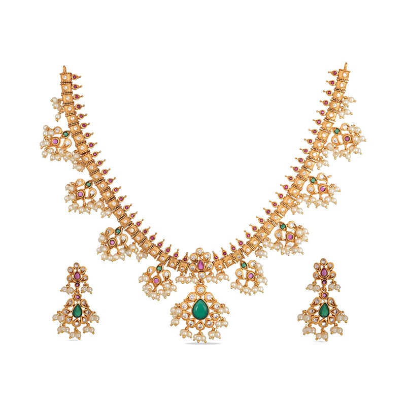 TARINIKA Gold Plated Brass Premal Antique Indian Jewelry Set for Women With Earrings, Bollywood Indian Necklace, CZ Stones(White,Red,Green) | 1-Year Warranty* - Image 1
